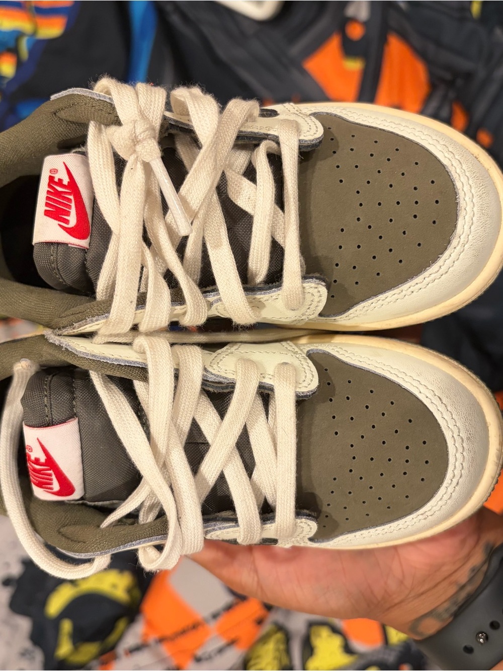 Nike Kids Olive Green and White High-Top Sneakers with Red Tongue Logo